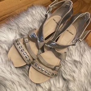 Used not rated silver metal studded heeled sandals size 10